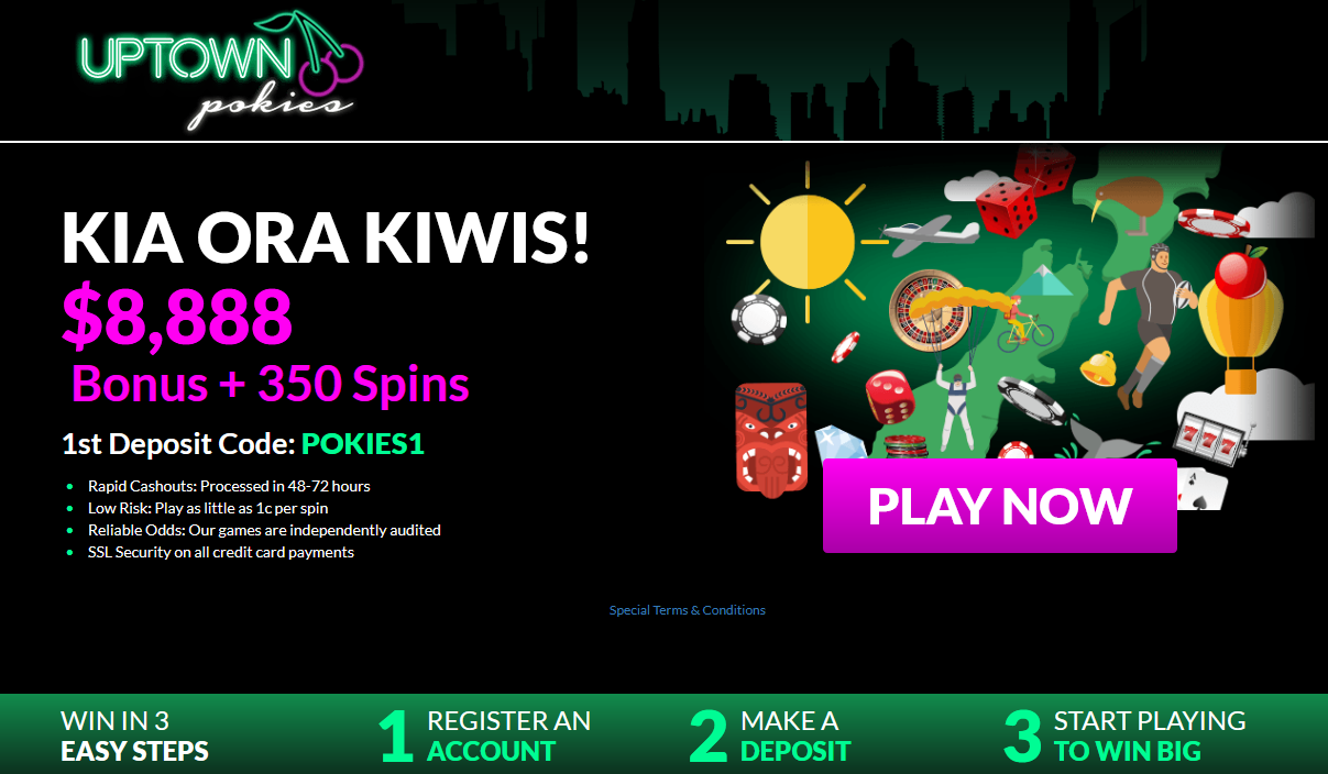 Uptown Pokies - Kia Ora Kiwis! $8,888 Bonus + 350 Spins