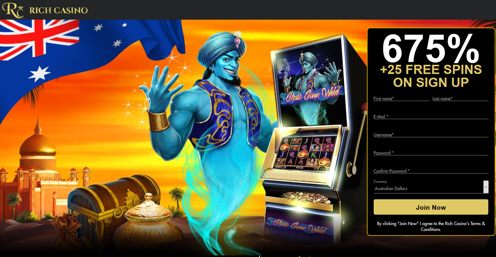 Rich Casino - 675% + 60 free spins. Game: 3 Genies